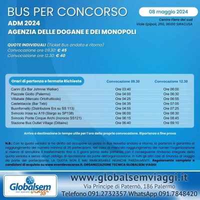 Bus per Siracusa Concorso Agenzia delle Dogane e dei Monopoli 08 maggio 2024