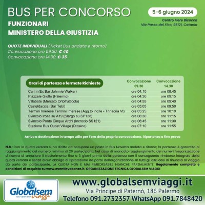 Bus per Catania e Siracusa Concorso Funzionari ministero della Giustizia 5 e 6 giugno 2024