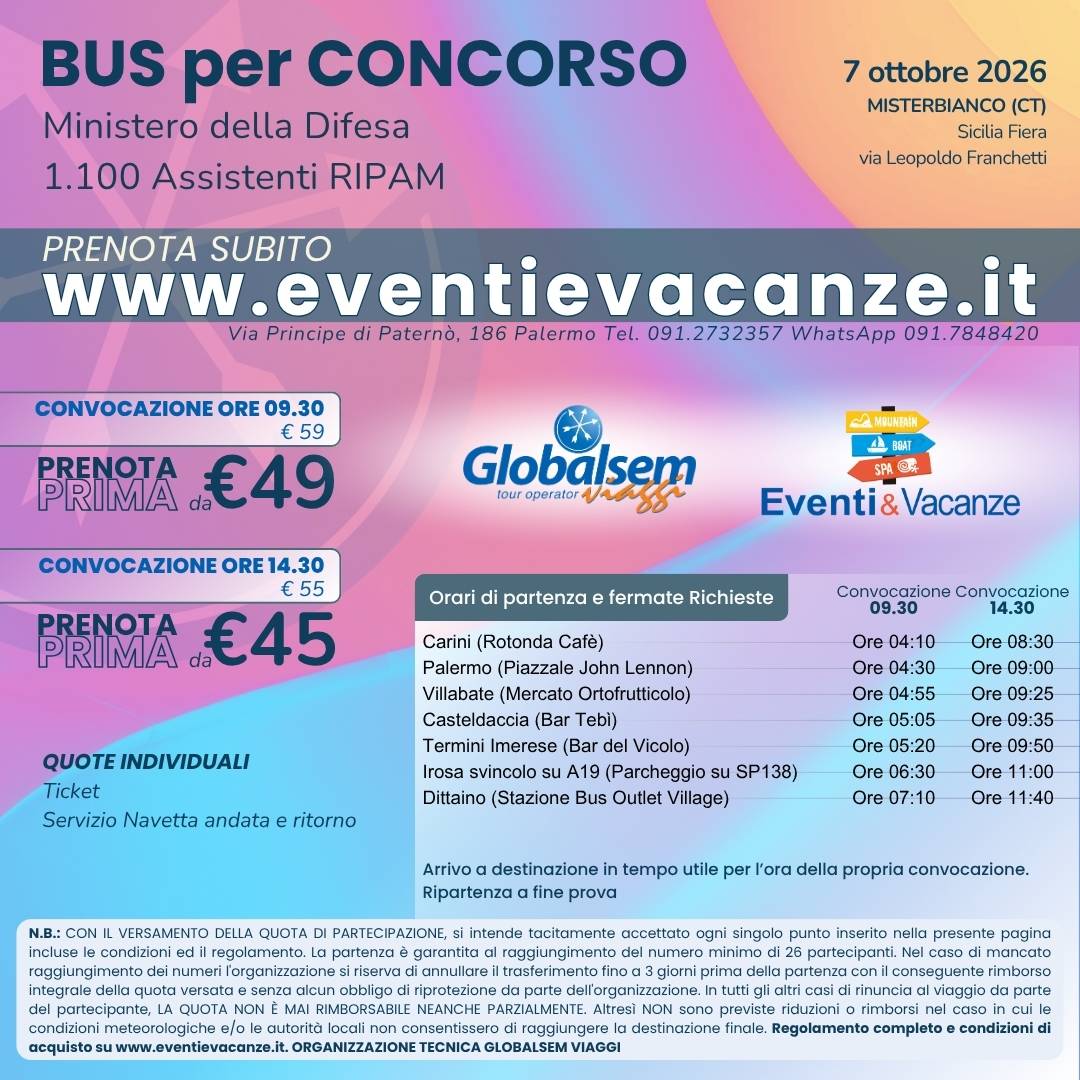 Bus navetta Concorso Ministero della Difesa 2026 Sicilia Fiera Catania