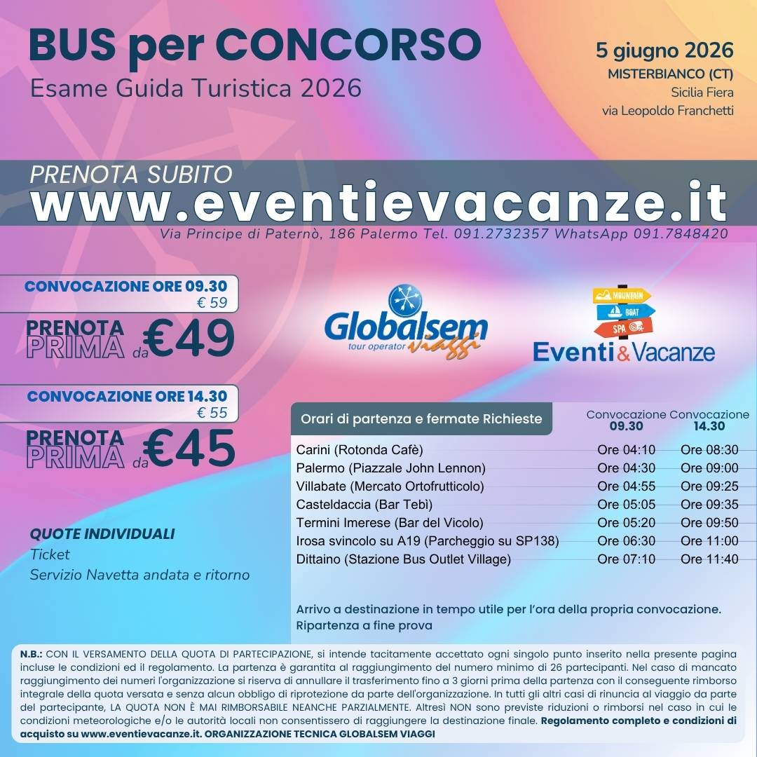 Bus per Misterbianco (CT) Concorso Guida Turistica 5 giugno 2026