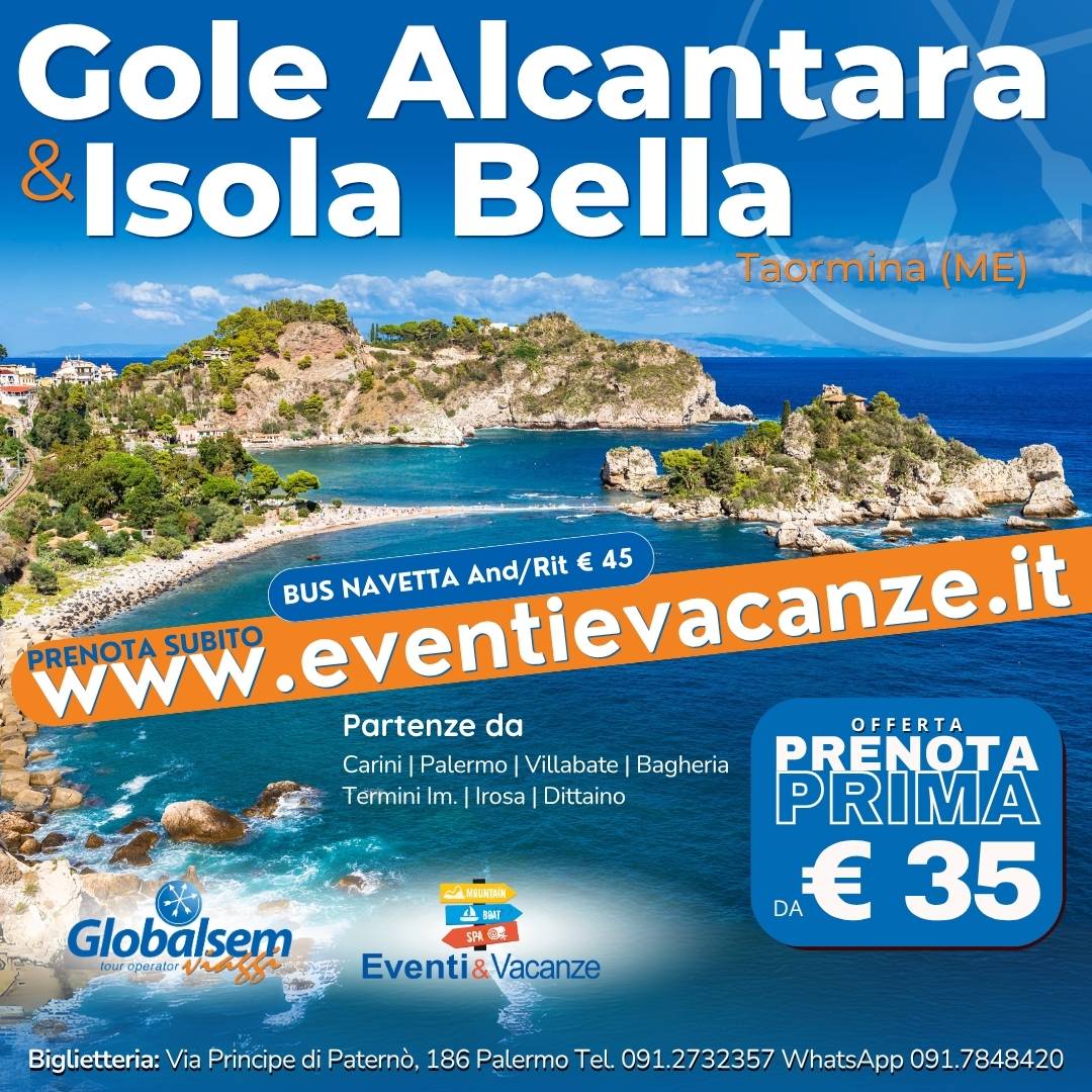 Bus Gole dell'Alcantara e Isola Bella Taormina da Palermo - ultima partenza 30 agosto 2026