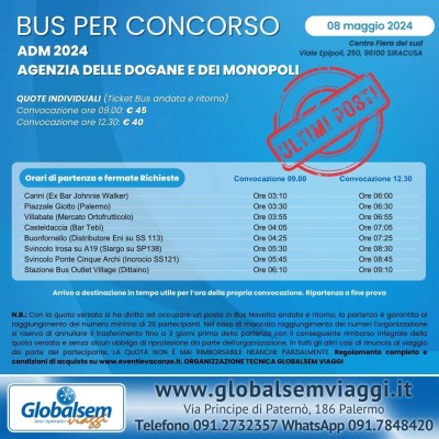 Bus per Siracusa Concorso Agenzia delle Dogane e dei Monopoli 08 maggio 2024