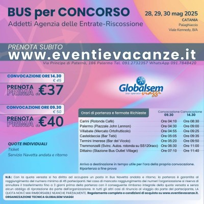Bus per Catania Concorso Addetti Agenzia delle Entrate-Riscossione 28-29-30 maggio 2025