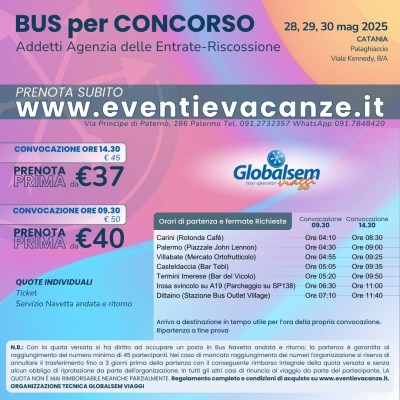 Bus per Catania Concorso Addetti Agenzia delle Entrate-Riscossione 28-29-30 maggio 2025